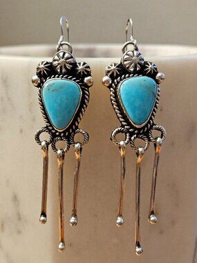 Navajo Large Turquoise Sterling Silver Chandelier Dangle Earrings